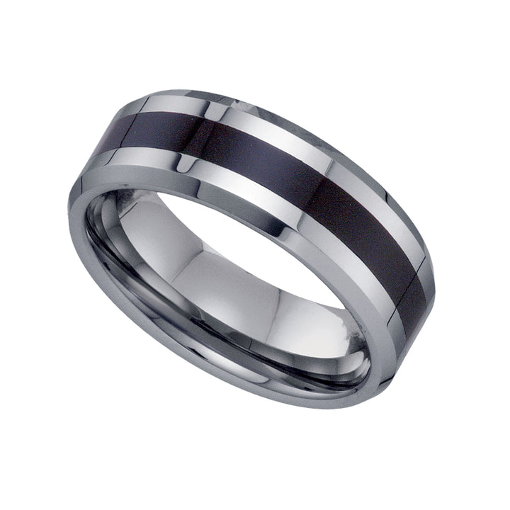 Tungsten Black Inlay Comfort-fit 8mm Size-11 Mens Wedding Band with Beveled Edges