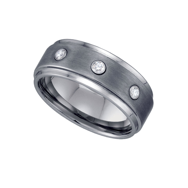 Tungsten CZ Center Brushed Comfort-fit 9mm Size-10 Mens Wedding Band with Step Edges