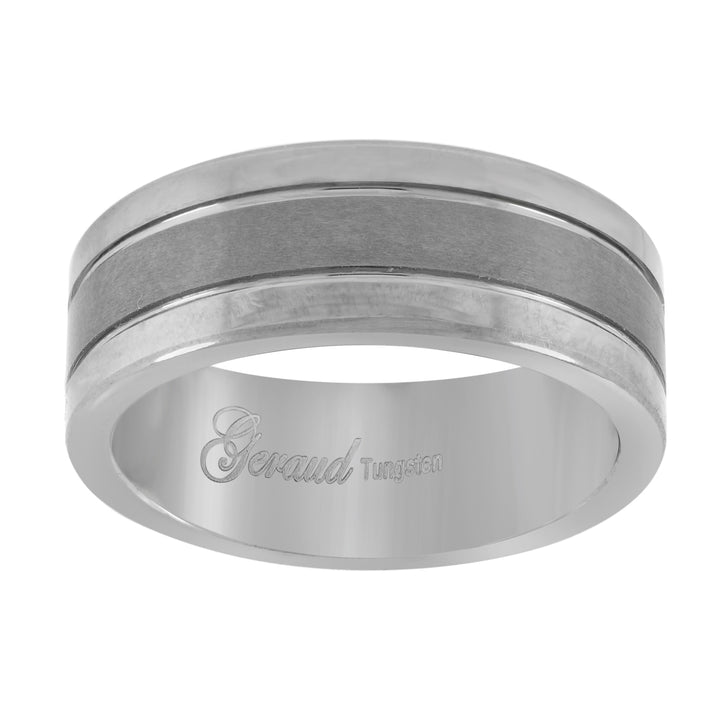 Tungsten Center Brushed with Two Grooves Comfort-fit 8mm Sizes 7 - 15 Mens Wedding Band