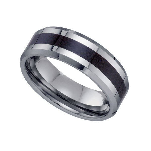 Tungsten Black Inlay Comfort-fit 8mm Sizes 7 - 14 Mens Wedding Band with Beveled Edges