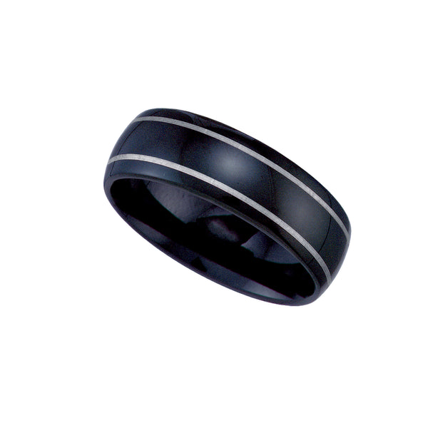 Tungsten Black Domed Comfort-fit 7mm Sizes 7 - 14 Mens Wedding Band with 2 Silver-tone Lines
