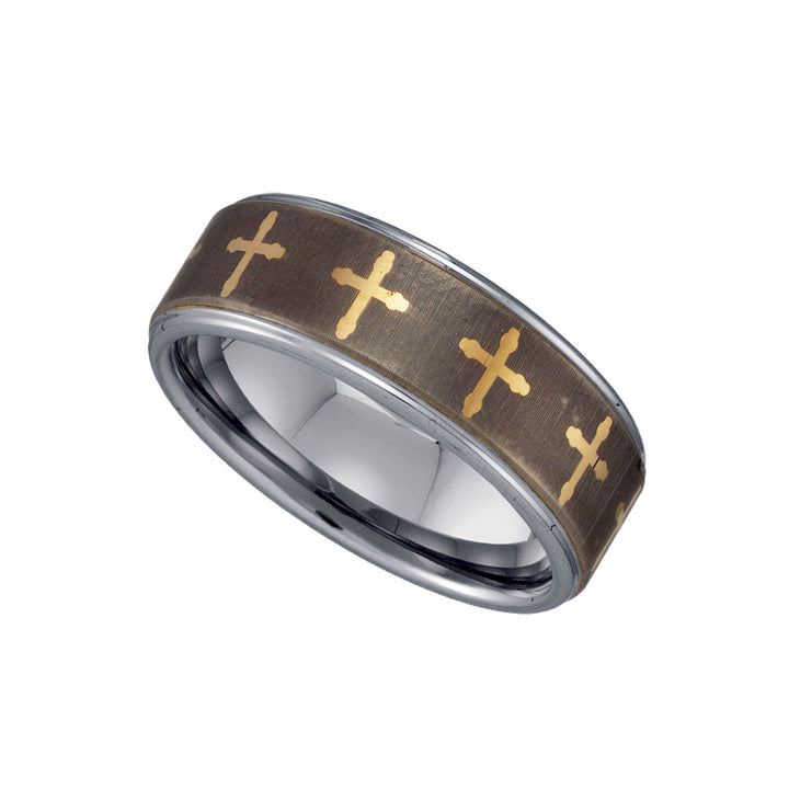 Tungsten Brushed Comfort-fit 8mm Size-10.5 Mens Wedding Band with Gold-tone Cross