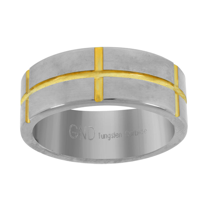 Tungsten Yellow Tone Mens Grooved Edges Comfort Fit Anniversary Band 8mm Sizes 8 To 13
