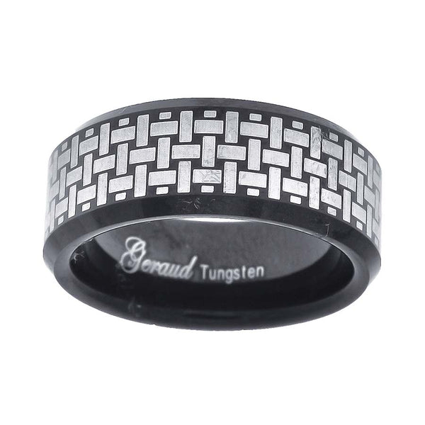 Tungsten Black Weave Pattern Laser Etched Mens Comfort-fit 8mm Sizes 7 - 13 Wedding Anniversary Band