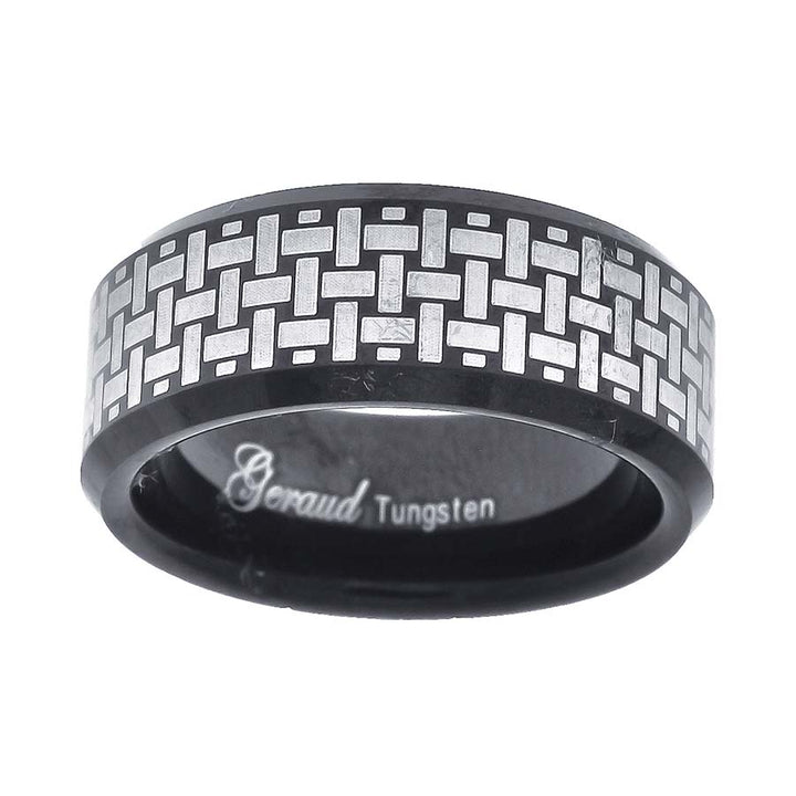 Tungsten Black Weave Pattern Laser Etched Mens Comfort-fit 8mm Size-10 Wedding Anniversary Band