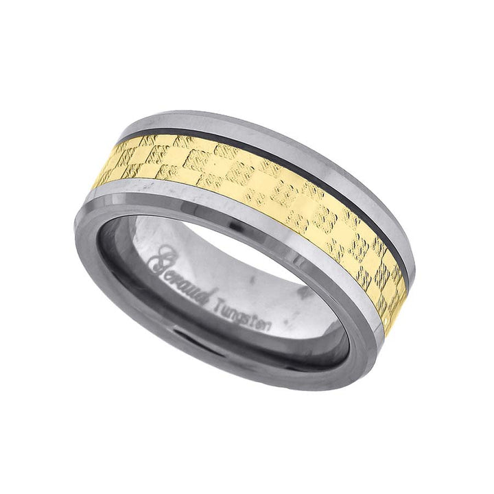 Tungsten Two-tone Checkered Inlay Mens Comfort-fit 8mm Sizes 7 - 14 Wedding Anniversary Band