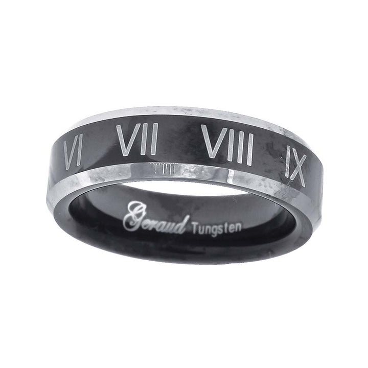 Tungsten Black Tone Mens Roman Numerals Beveled Edges Comfort Fit Mens Wedding Band 6mm Sizes 7 To 14
