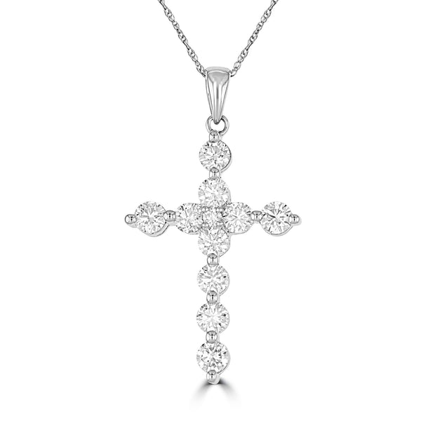 18kt White Gold Round Diamond Cross Pendant with 18 inch Chain 1.66 Cttw 11 Stones