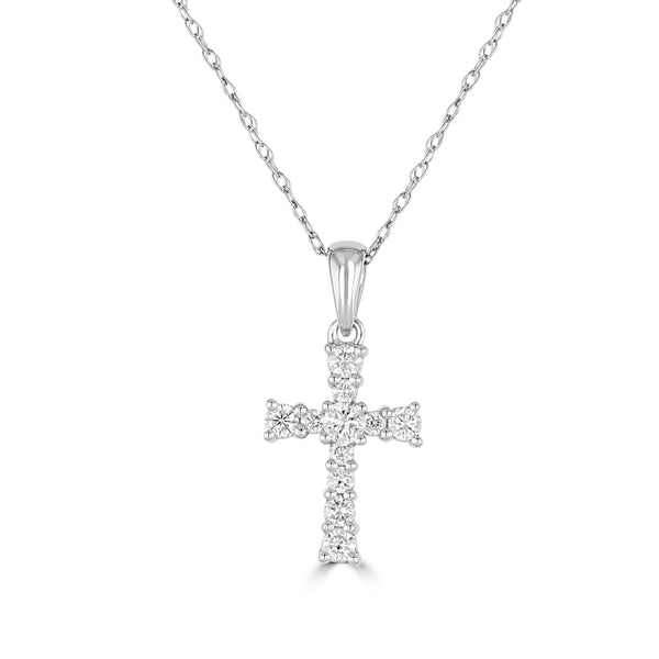 14K White Gold Round Diamond Cross Pendant with 18 inch Chain 0.27 Cttw 11 Stones