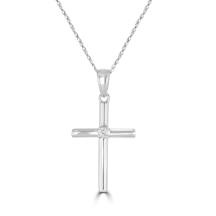 14K White Gold Round Diamond Cross Pendant with 18 inch Chain 0.04 Cttw 1 Stones