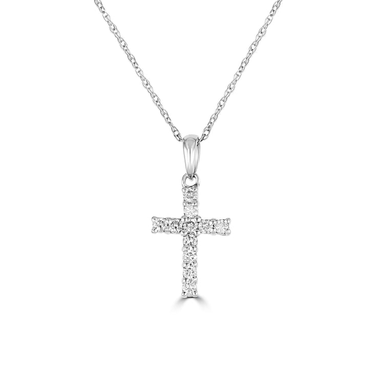 14K White Gold Round Diamond Cross Pendant with 18 inch Chain 0.17 Cttw 11 Stones