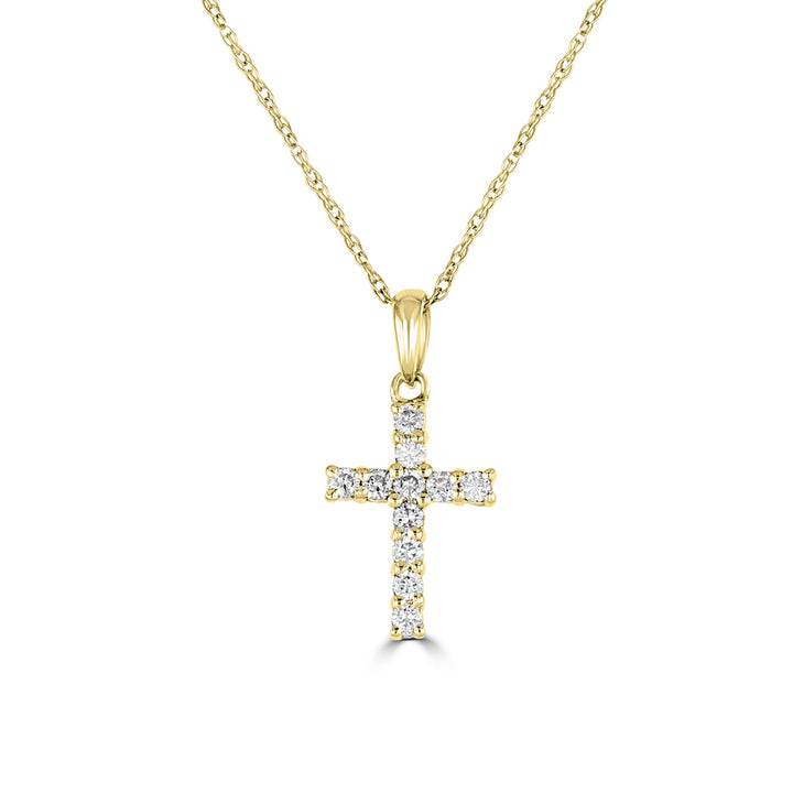14K Yellow Gold Round Diamond Cross Pendant with 18 inch Chain 0.17 Cttw 11 Stones