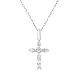 14K White Gold Round and Baguette Diamond Cross Pendant with 18 inch Chain 0.19 Cttw 11 Stones