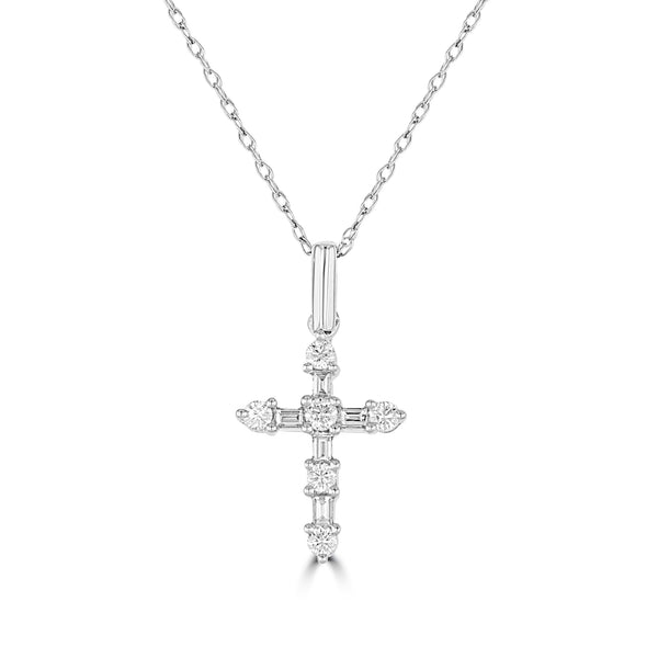 14K White Gold Round and Baguette Diamond Cross Pendant with 18 inch Chain 0.19 Cttw 11 Stones