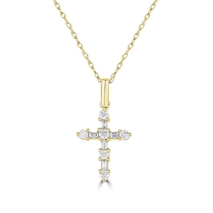 14K Yellow Gold Round and Baguette Diamond Cross Pendant with 18 inch Chain 0.19 Cttw 11 Stones
