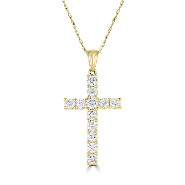 14K Yellow Gold Round Diamond Cross Pendant with 18 inch Chain 0.88 Cttw 12 Stones
