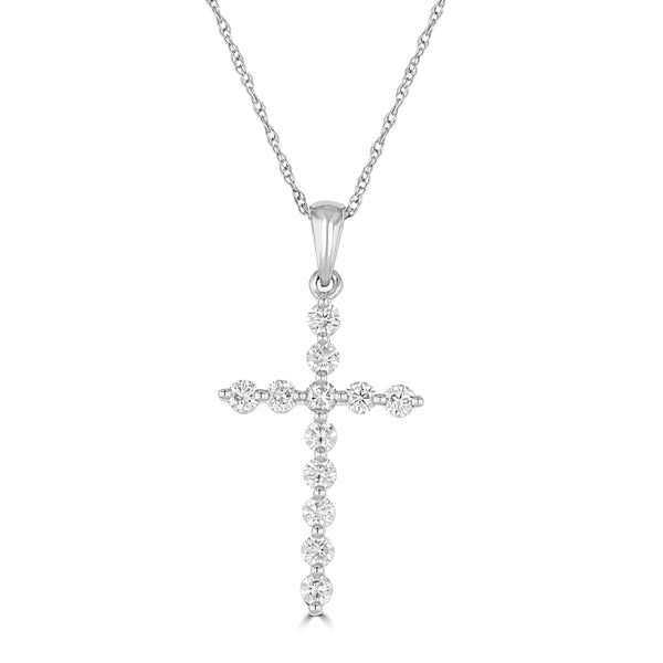 14K White Gold Round Diamond Cross Pendant with 18 inch Chain 0.4 Cttw 12 Stones