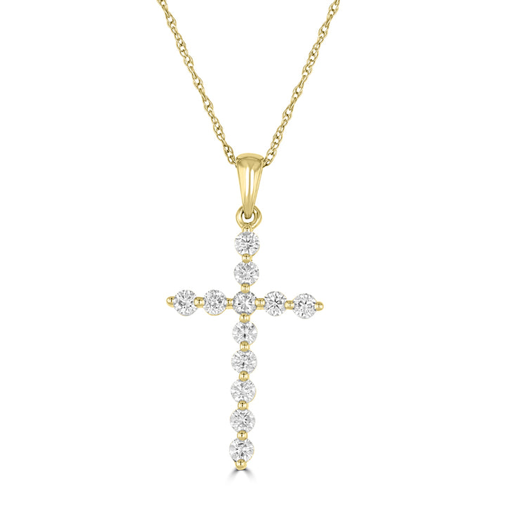 14K Yellow Gold Round Diamond Cross Pendant with 18 inch Chain 0.4 Cttw 12 Stones