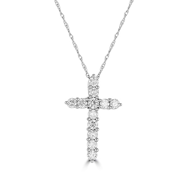 14K White Gold Round Diamond Cross Pendant with 18 inch Chain 0.55 Cttw 12 Stones