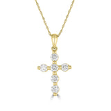 14K Yellow Gold Round Diamond Cross Pendant with 18 inch Chain 0.54 Cttw 6 Stones