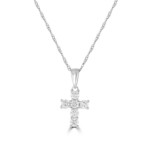 14K White Gold Round Diamond Cross Pendant with 18 inch Chain 0.23 Cttw 6 Stones