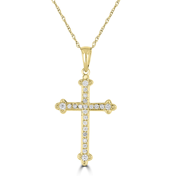 14K Yellow Gold Round Diamond Cross Pendant with 18 inch Chain 0.15 Cttw 22 Stones