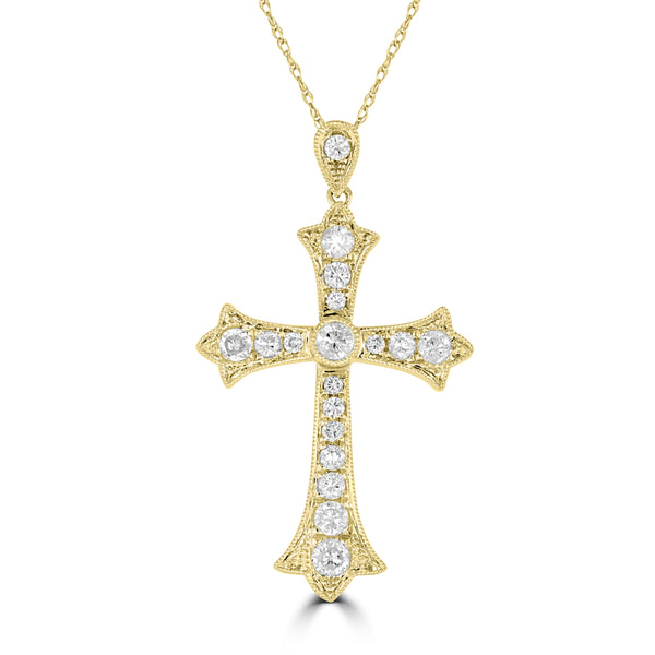 14K Yellow Gold Round Diamond Cross Pendant with 18 inch Chain 0.57 Cttw 18 Stones