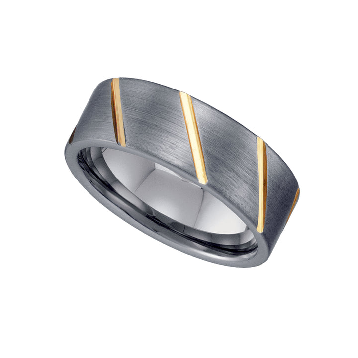 Tungsten Brushed Comfort-Fit 8mm Size-8.5 Mens Wedding Band with Gold-toned Diagonal Lines