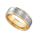 Tungsten Two-tone Brushed Center Celtic Cross Step Edge Mens Comfort-fit 8mm Size-9.5 Wedding Anniversary Band