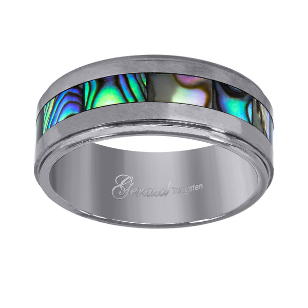 Tungsten Abalone Shell Center Inlay Step Edges Mens Wedding Band Comfort-fit 8mm Sizes 7 - 14