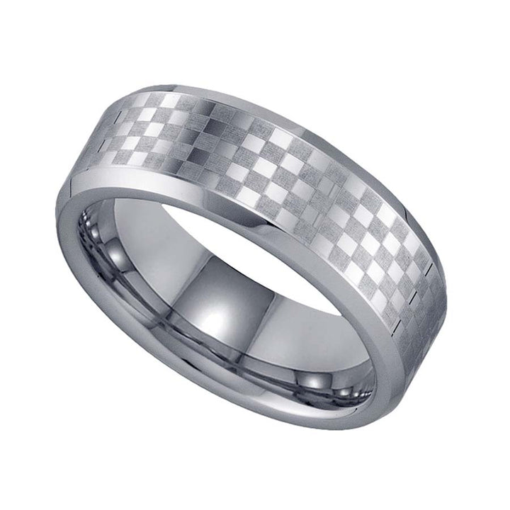 Tungsten Checker Flag Beveled Edges Mens Comfort-fit 8mm Size-13 Wedding Anniversary Band