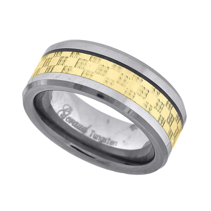 Tungsten Two-tone Checkered Inlay Mens Comfort-fit 8mm Size-12.5 Wedding Anniversary Band