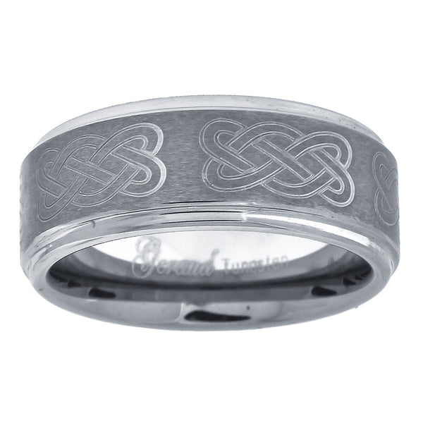 Tungsten Brushed Center Laser Engraved Celtic Knot Step Edge Mens Comfort-fit 8mm Sizes 7 - 14 Wedding Anniversary Band