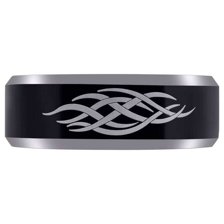 Tungsten Black Center Laser Etched Tribal Flame Design Mens Comfort-fit 8mm Sizes 7 - 14.5 Wedding Anniversary Band
