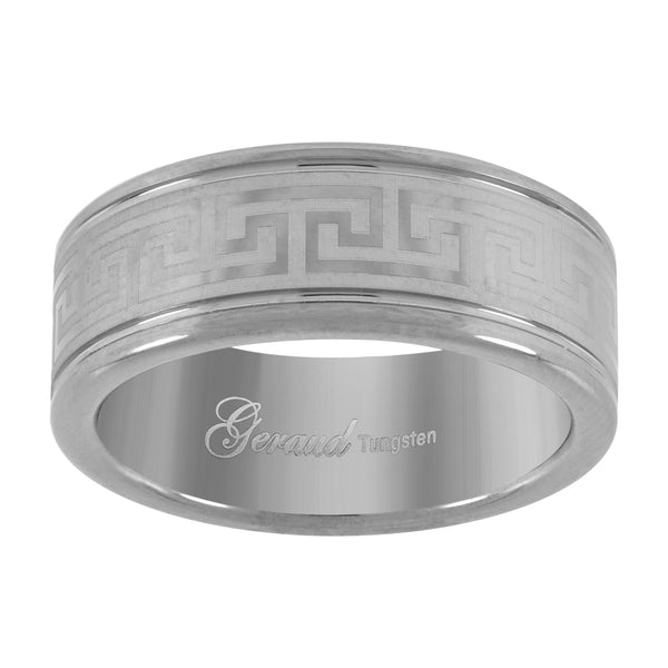 Tungsten Laser Engraved Greek key Design Comfort-fit 8mm Sizes 7 - 14 Mens Wedding Band