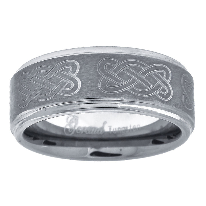 Tungsten Brushed Center Laser Engraved Celtic Knot Step Edge Mens Comfort-fit 8mm Size-9 Wedding Anniversary Band
