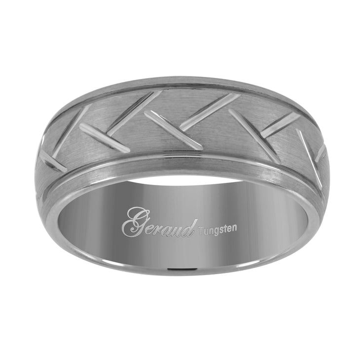 Tungsten Brushed Diamond-cut Groove Dome Mens Comfort-fit 8mm Size-7 Wedding Anniversary Band