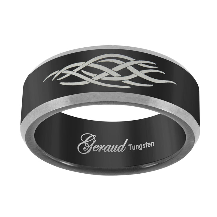 Tungsten Black Center Laser Etched Tribal Flame Design Mens Comfort-fit 8mm Size-10 Wedding Anniversary Band