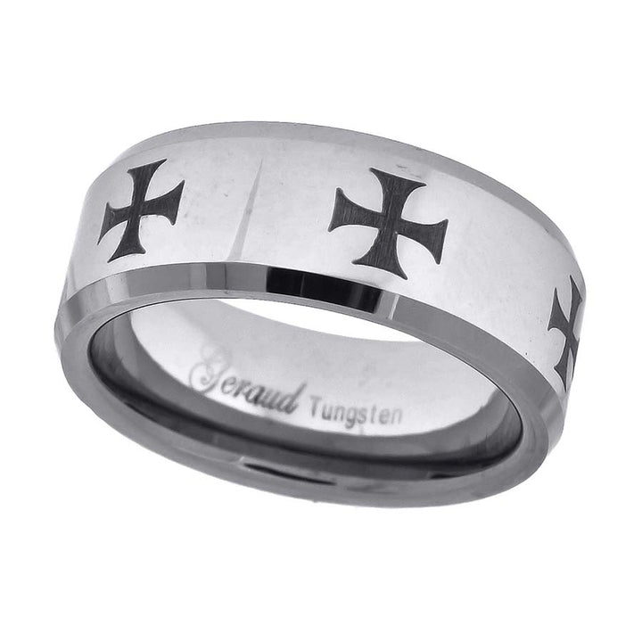 Tungsten Laser Engraved Black Knight Cross Comfort fit 8mm Size-12 Mens Wedding Band with Beveled Edges