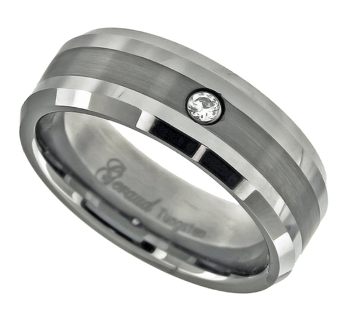 Tungsten CZ Center Brushed Sides Polished Mens Comfort-fit 8mm Size-10.5 Wedding Anniversary Band
