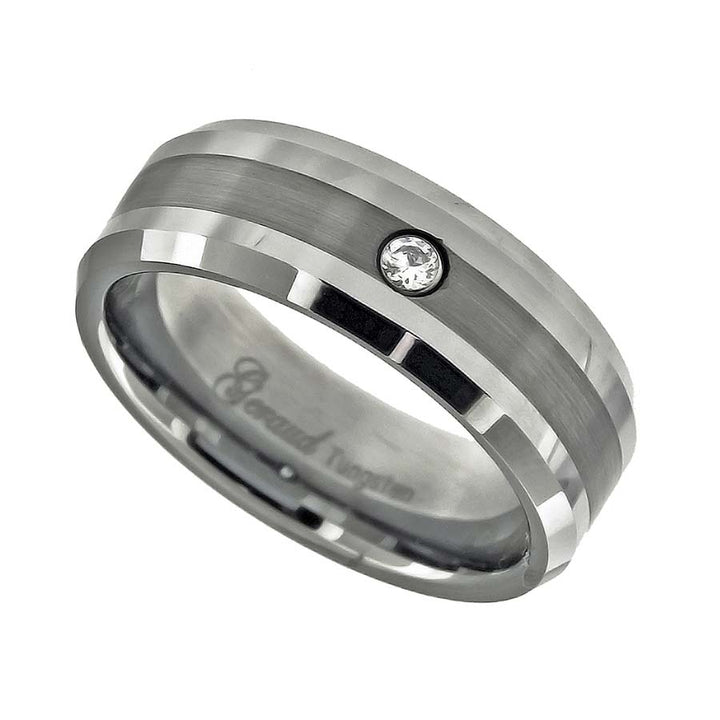 Tungsten CZ Center Brushed Sides Polished Mens Comfort-fit 8mm Size-11 Wedding Anniversary Band