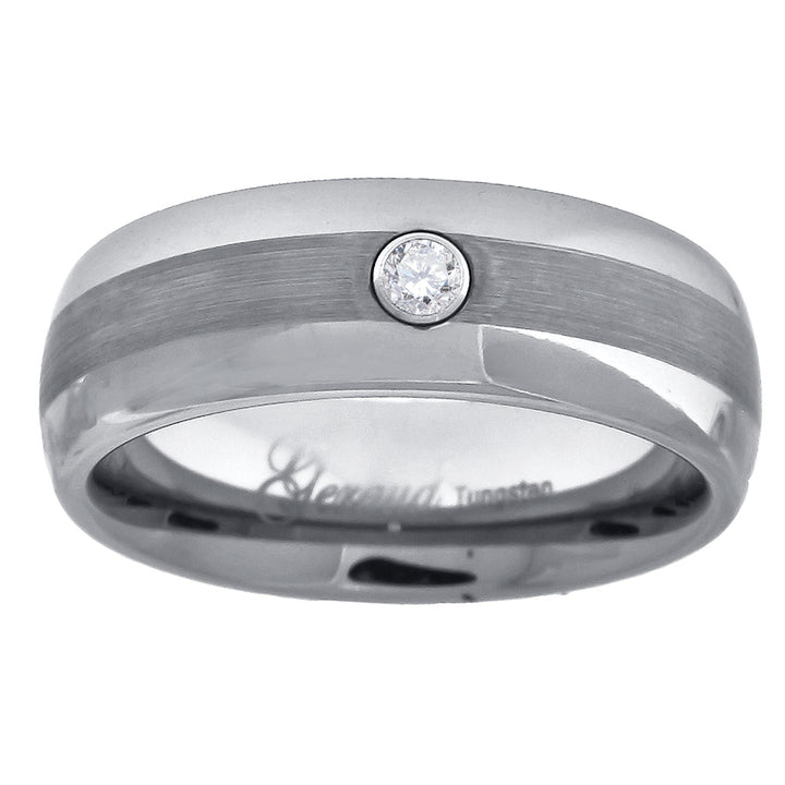Tungsten CZ Center Brushed Dome Mens Comfort-fit 7mm Sizes 7 - 14 Wedding Anniversary Band
