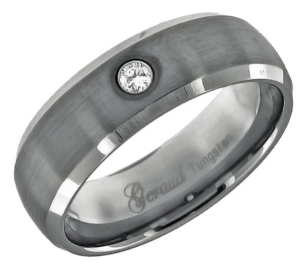 Tungsten Mens CZ Center Brushed Beveled Edges Comfort-fit 8mm Sizes 7 - 14 Wedding Anniversary Band