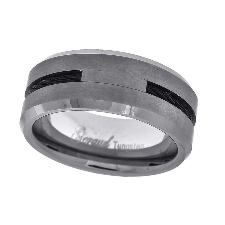 Tungsten Black Rope Inlay Beveled Edges Mens Comfort-fit 8mm Size-7.5 Wedding Anniversary Band
