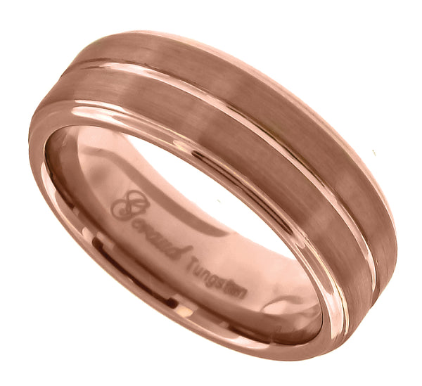 Tungsten Brushed Rose Gold-tone Comfort-fit 8mm Sizes 7 - 14 Mens Wedding Band with Inlay Groove