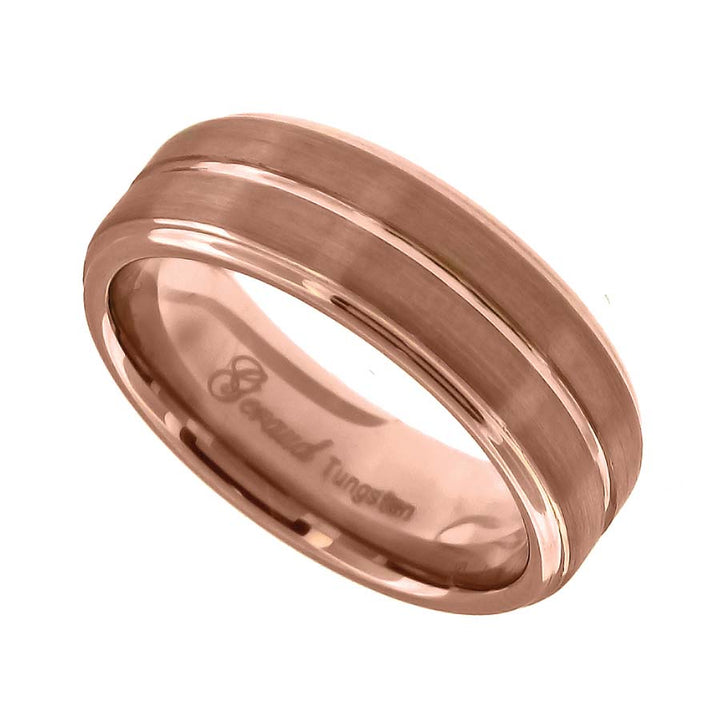 Tungsten Brushed Rose Gold-tone Comfort-fit 8mm Size-13.5 Mens Wedding Band with Inlay Groove