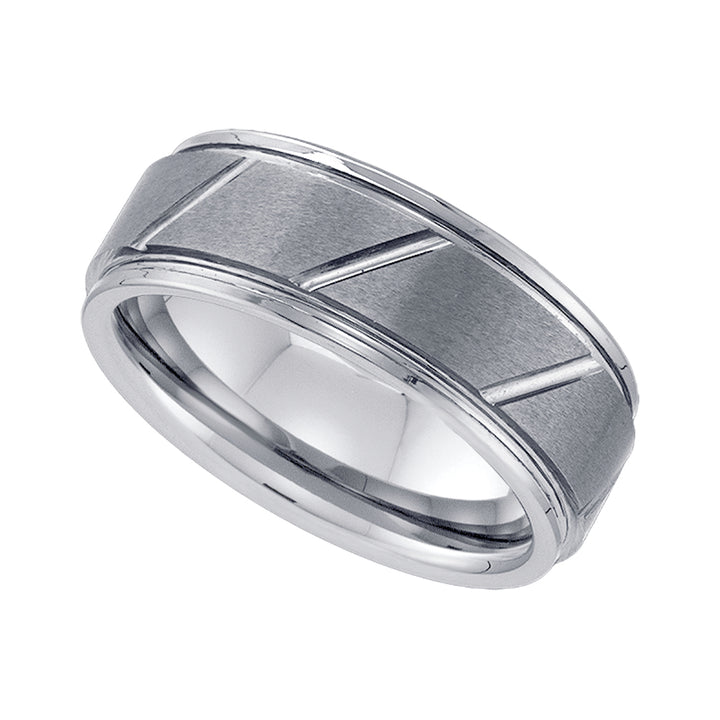 Tungsten Brushed Center Diagonal Grooves Step Edge Mens Comfort-fit 8mm Size-8 Wedding Anniversary Band