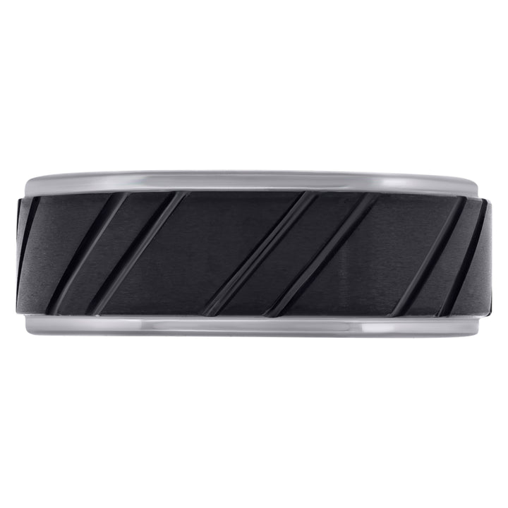 Tungsten Mens Black Center Diagonal Grooves Comfort-fit 8mm Sizes 7 - 14 Wedding Anniversary Band