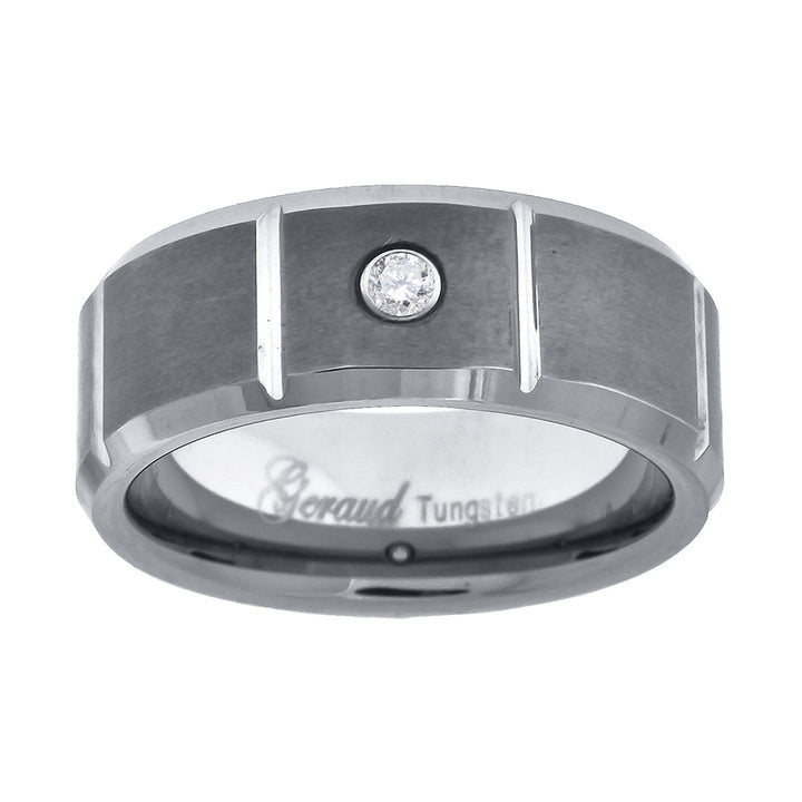 Tungsten CZ Brushed Center Multiple Grooves Beveled Edges Mens Comfort-fit 8mm Size-7.5 Wedding Anniversary Band