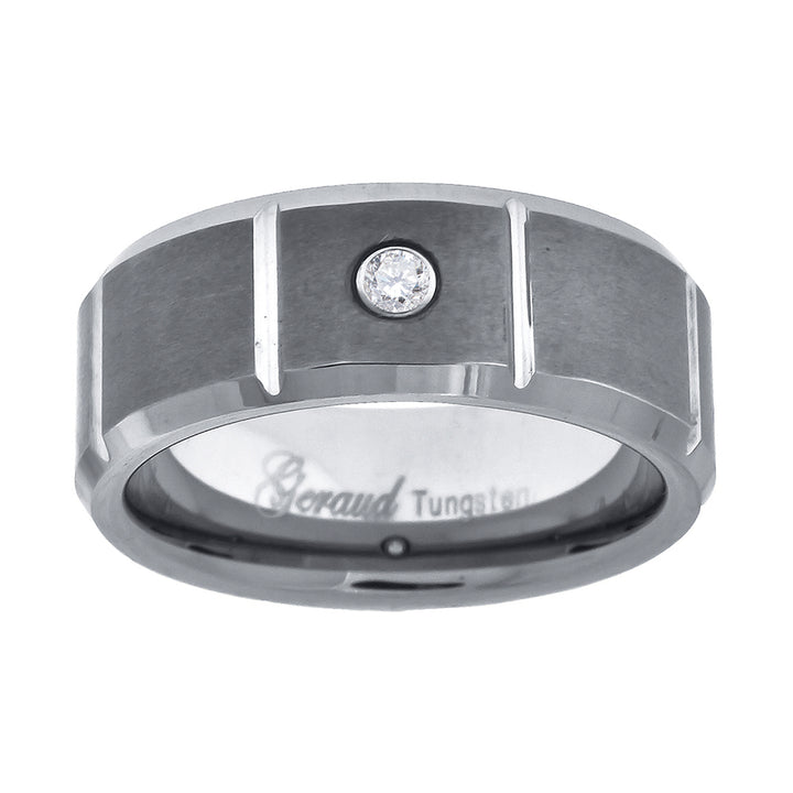 Tungsten CZ Brushed Center Multiple Grooves Beveled Edges Mens Comfort-fit 8mm Size-9.5 Wedding Anniversary Band